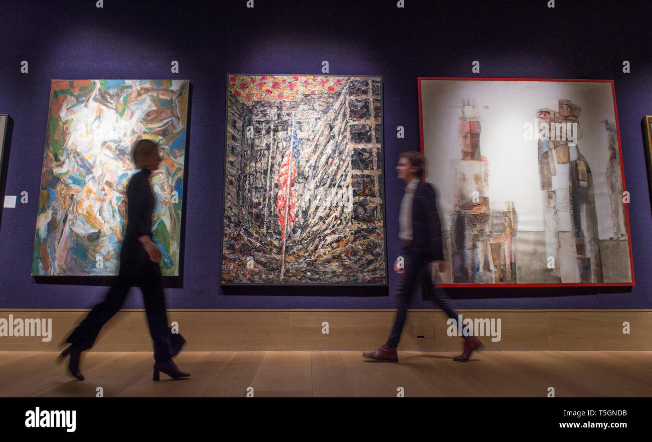 Londra, Regno Unito. Xxv Aprile, 2019. Bonhams moderno e contemporaneo del Medio Oriente vendita arte anteprima in New Bond Street. Immagine: Ayman Baalbaki (Libano). Ambasciata americana, 2011. Stima £ 70,000-100,000. Credito: Malcolm Park/Alamy Live News. Foto Stock