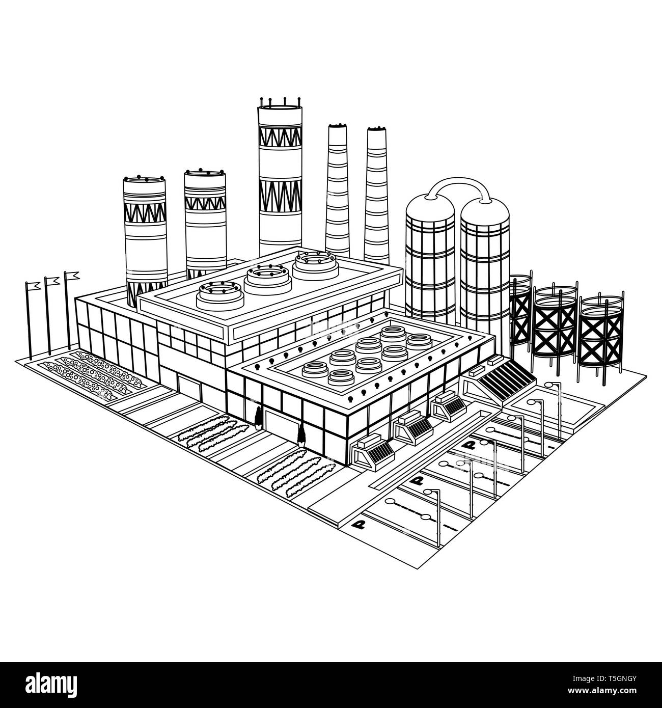 Schizzo costruzione della fabbrica o impianto con fumaioli serbatoio di cantieri ed edifici su bianco Illustrazione Vettoriale