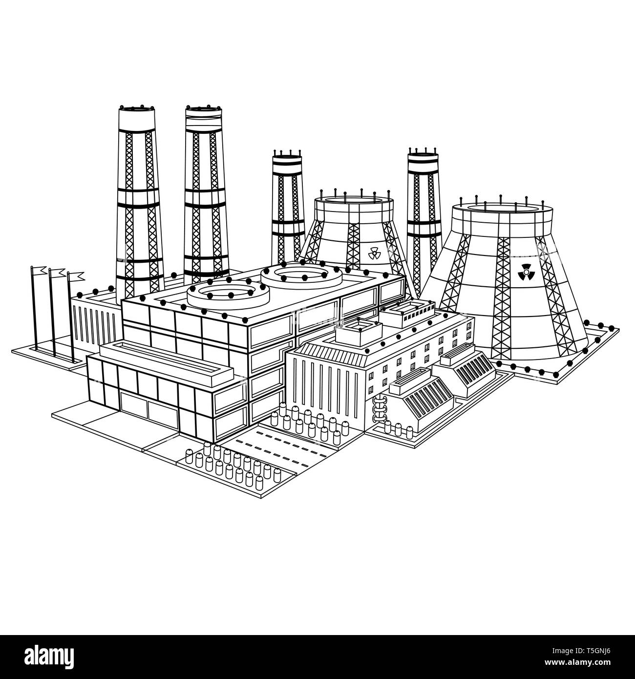 Schizzo realistico centrale nucleare isolato su bianco Illustrazione Vettoriale
