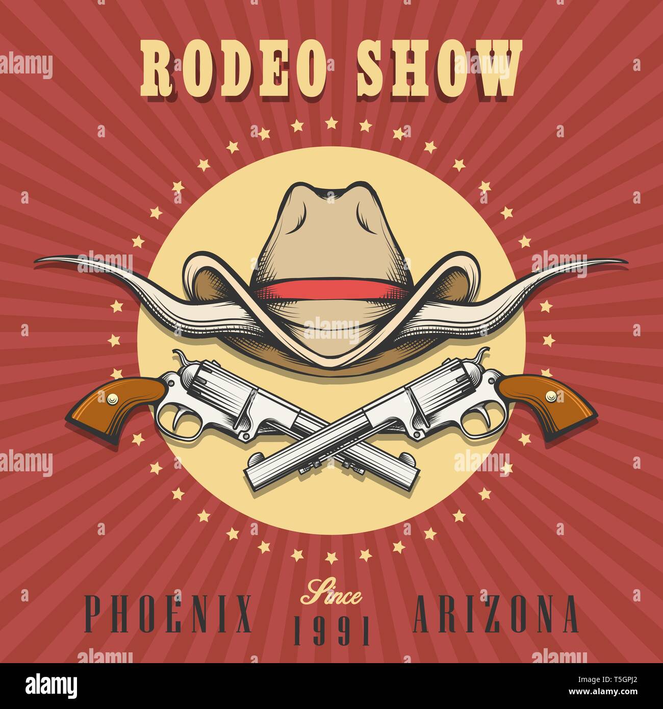 Rodeo show emblema in stile retrò. Bull corna con il cappello da cowboy e due rivoltelle. Illustrazione Vettoriale. Illustrazione Vettoriale