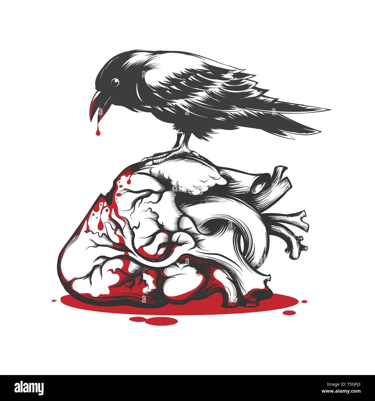 Raven nero mordere Cuore di sanguinamento. L amore fa male concetto Tattoo. Illustrazione Vettoriale. Illustrazione Vettoriale