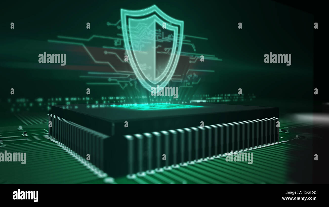 Cyber security concetto con ologramma di protezione sulla CPU di lavoro in background. Avveniristico circuito stampato. La protezione digitale, firewall, il cyberspazio e com Foto Stock