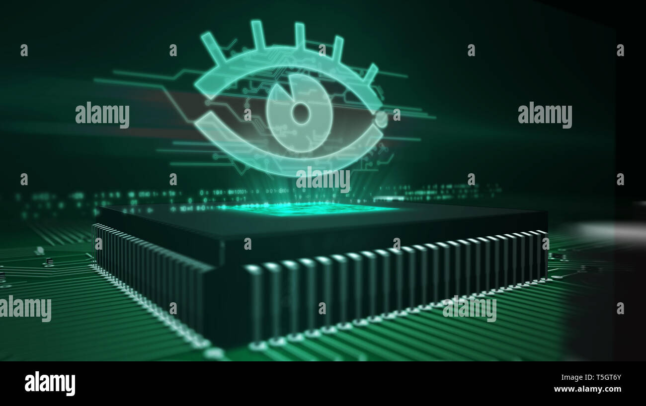 Cyber concetto di sorveglianza con spy eye ologramma sulla CPU di lavoro in background. Scheda di circuito 3d'illustrazione. Concetto di spionaggio, privacy tracking, s Foto Stock