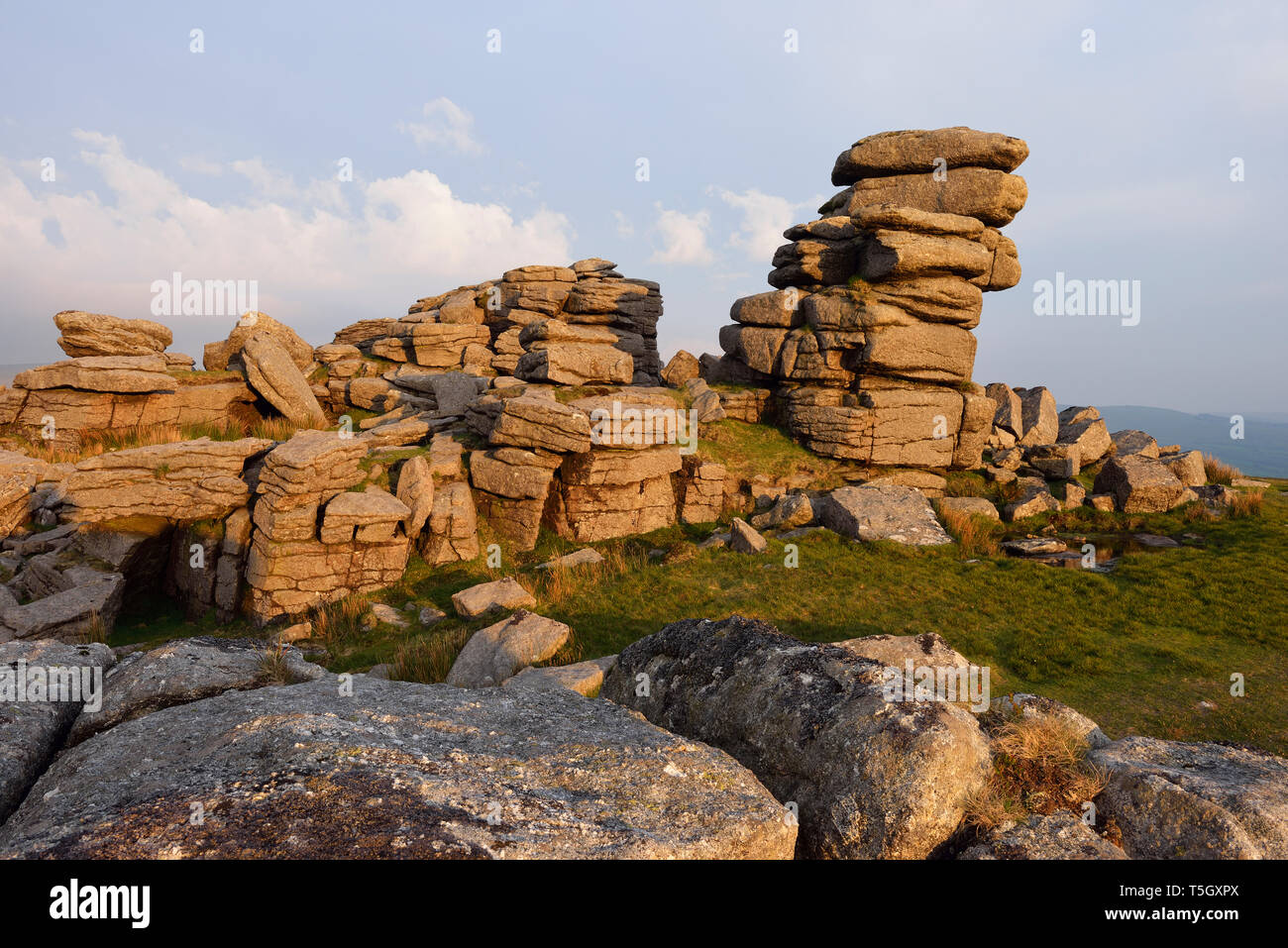 Regno Unito, Inghilterra, Devon, granito formazioni rocciose di grande fiocco Tor nel Parco Nazionale di Dartmoor nella luce della sera Foto Stock