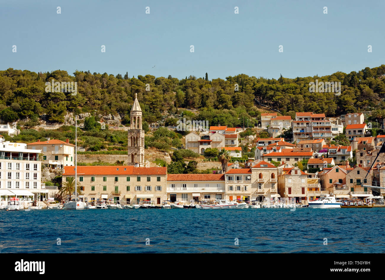 La città di Lesina visto dal mare Adriatico; scena costiere, edifici; barche; hillside; Hvar, Croazia; Europa; estate, orizzontale Foto Stock