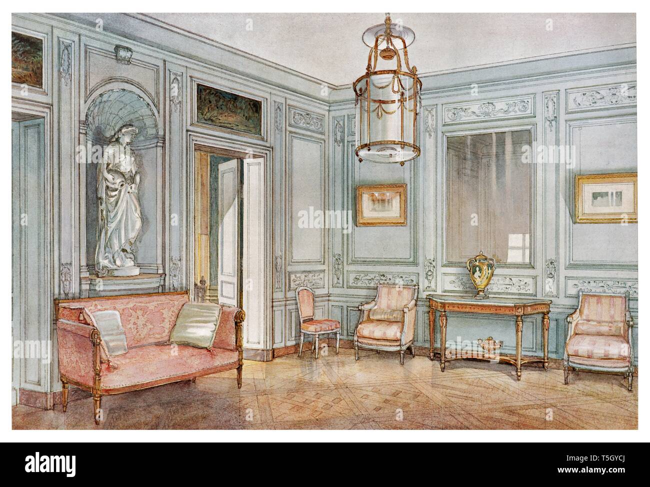 Sala di attesa lo stile Luigi XV, decorato con un semi-circolare di nicchia con statua. Illustrazione Vintage dagli interni in stile 1905 Foto Stock