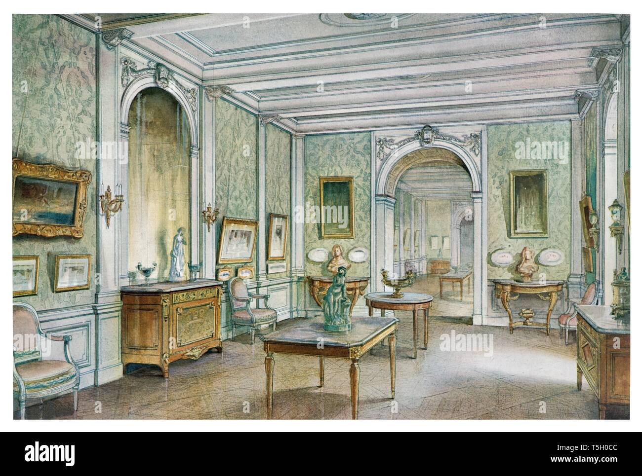 Grande salotto stile Luigi XVI, spaziose con arredi raffinati e dettagli. Illustrazione Vintage dagli interni in stile 1905 Foto Stock