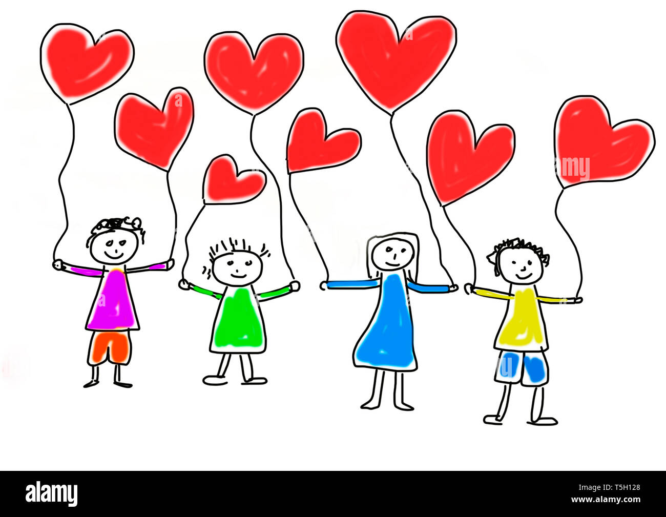 Disegno per bambini di quattro bambini felici con heart-shaped balloons Foto Stock
