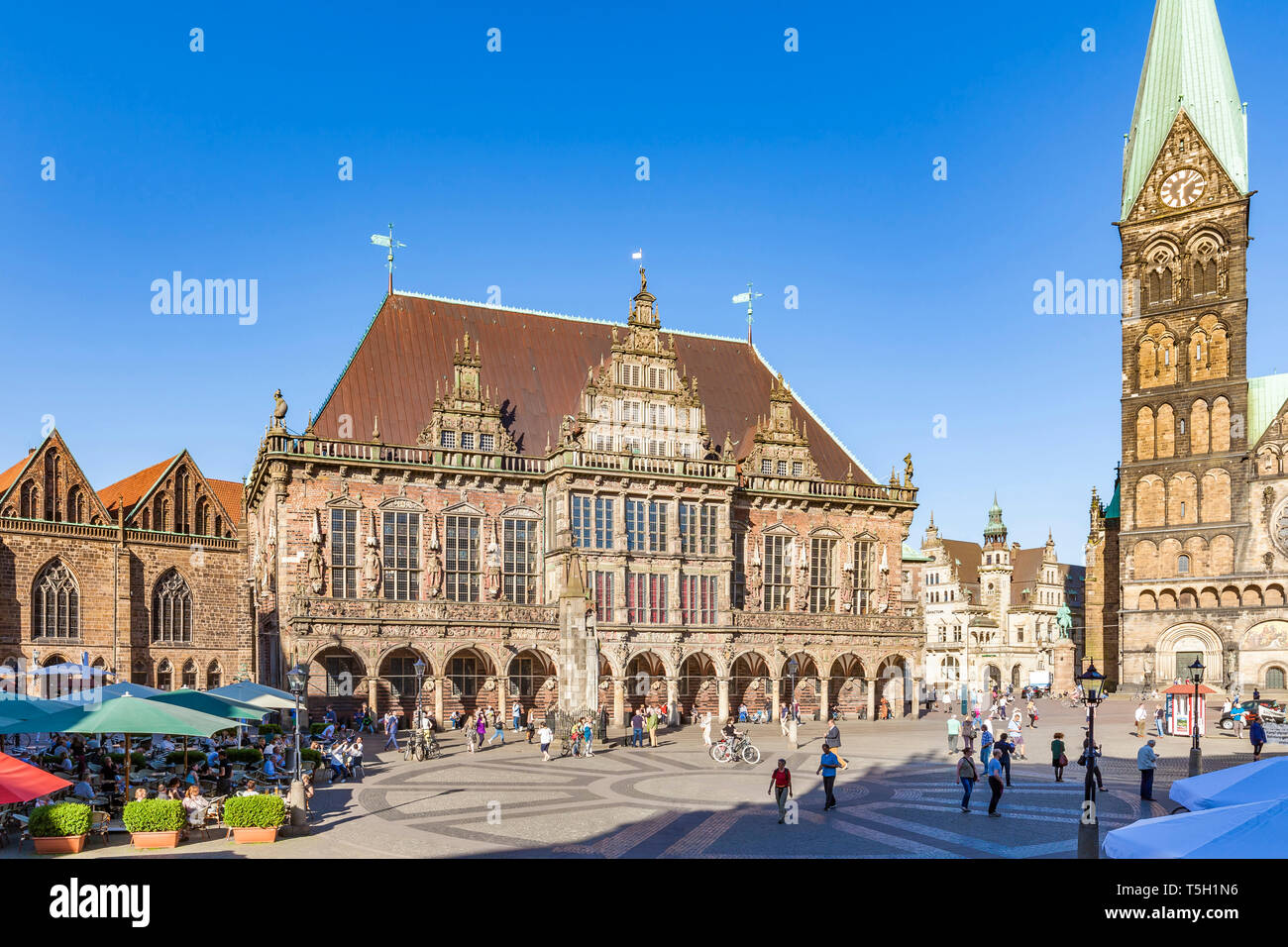 La Germania, la libera città anseatica di Brema, la piazza del mercato, cafe, Bremen Roland, il municipio Foto Stock
