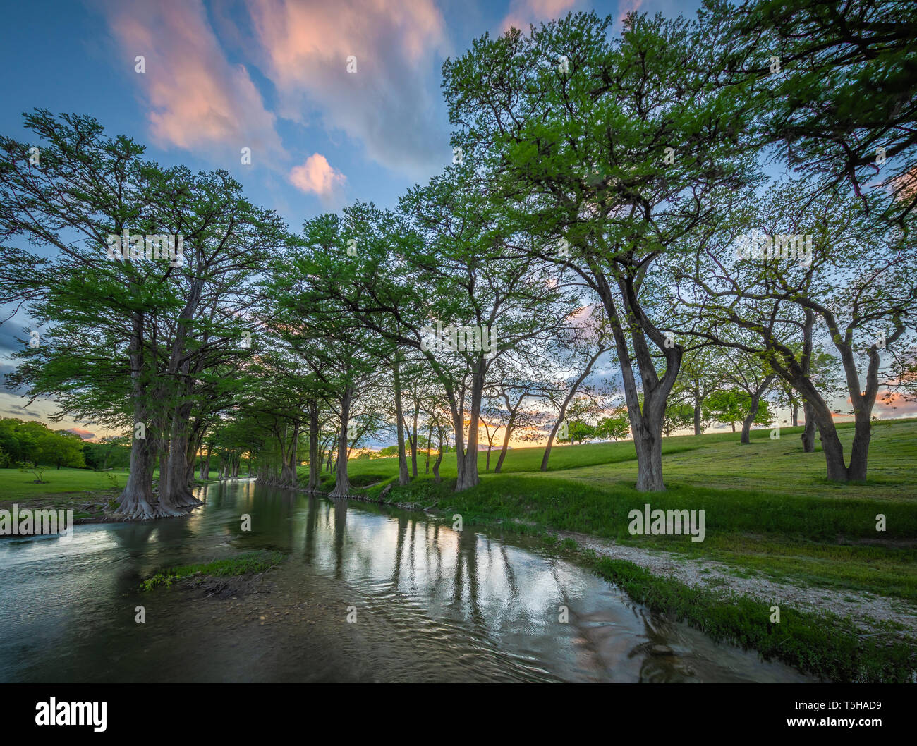 Fiume Guadalupe corre da Kerr County, Texas, a Baia di San Antonio sul Golfo del Messico. Foto Stock