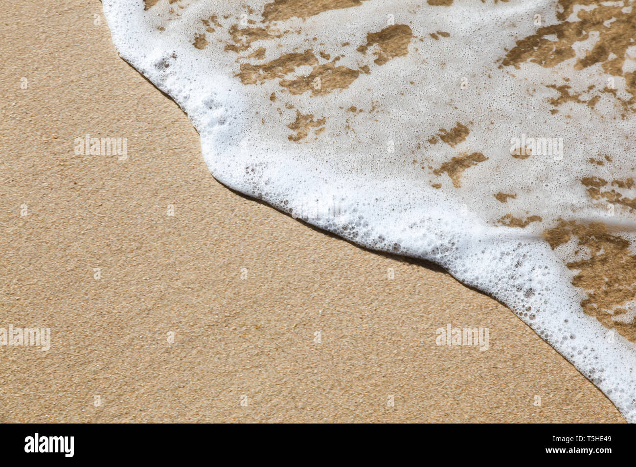 Un'onda avanza attraverso la sabbia a riva. Sfondo con spazio per la copia. Foto Stock