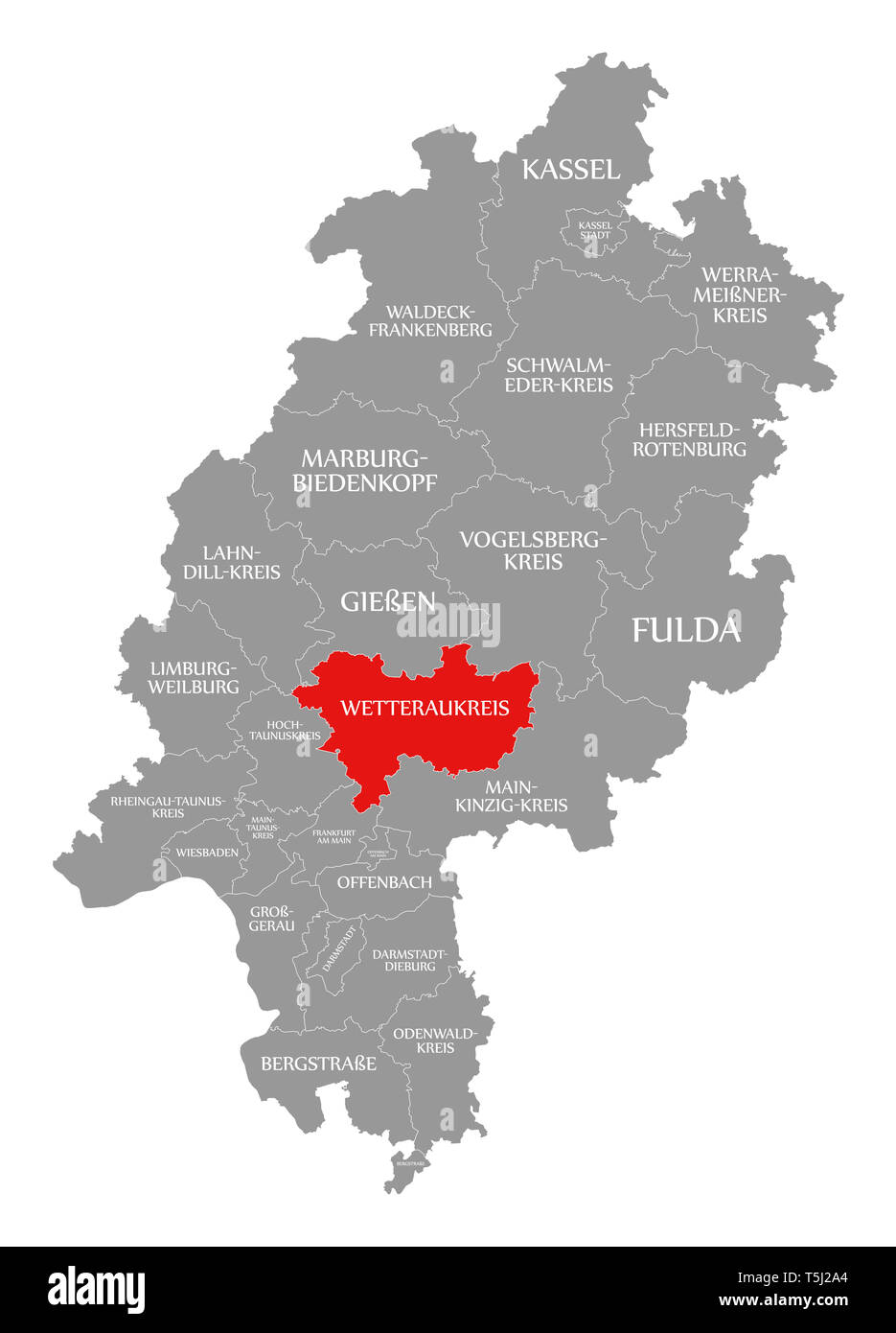 La contea di Wetteraukreis evidenziata in rosso nella mappa di Hessen Germania Foto Stock