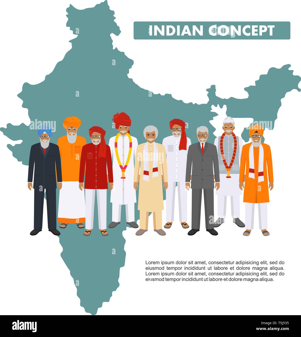 Famiglia e concetto sociale. Gruppo indiano e adulti senior persone in piedi insieme in diversi tradizionali vestiti nazionali sullo sfondo con mappa di Illustrazione Vettoriale