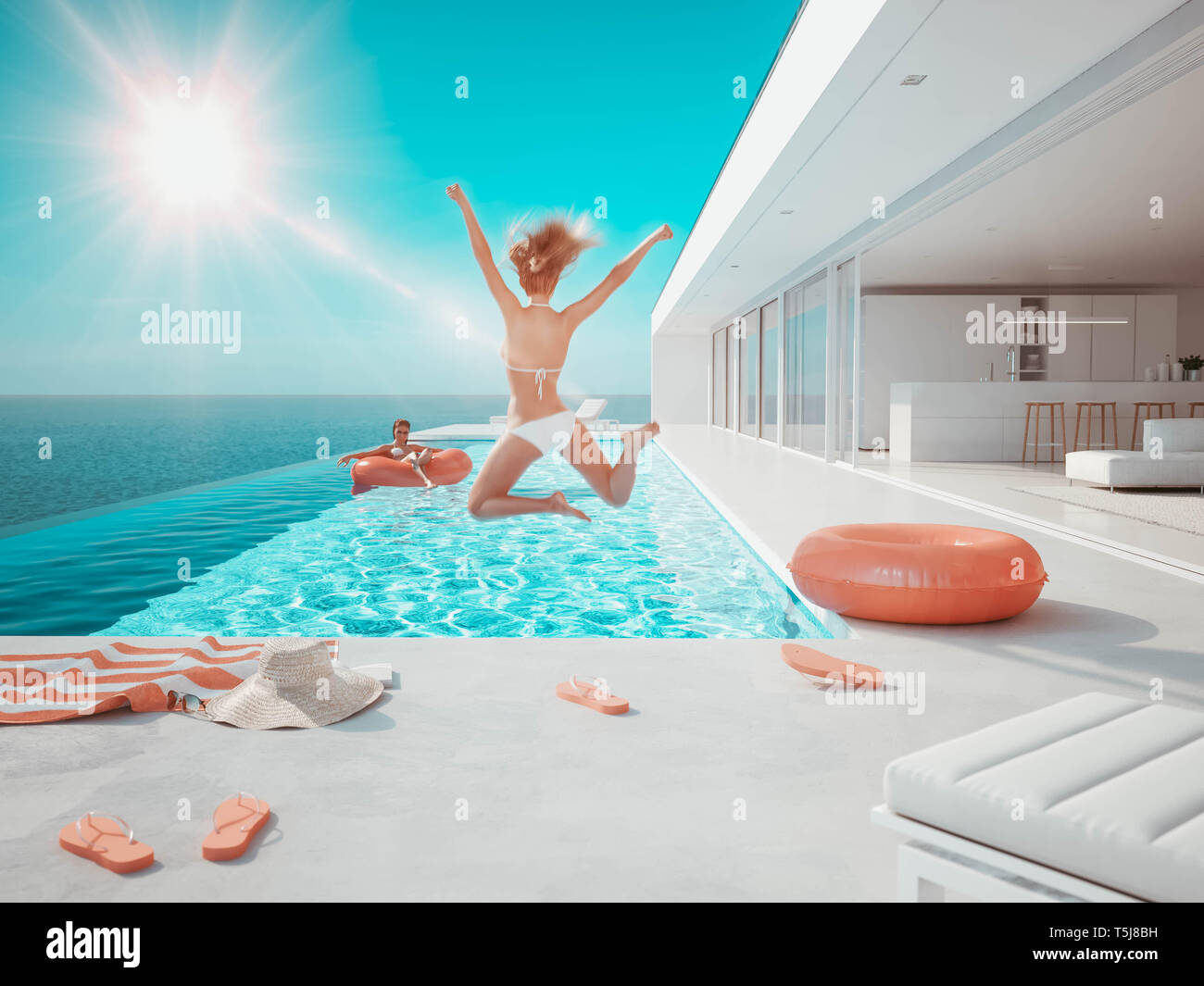 3D-illustrazione. donna che si tuffa in piscina. Divertimento estivo Foto Stock