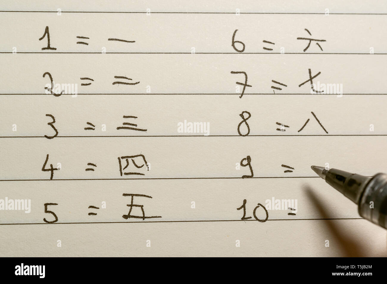 Principiante lingua cinese allievo numeri scritti in caratteri cinesi su un notebook di close-up shot Foto Stock