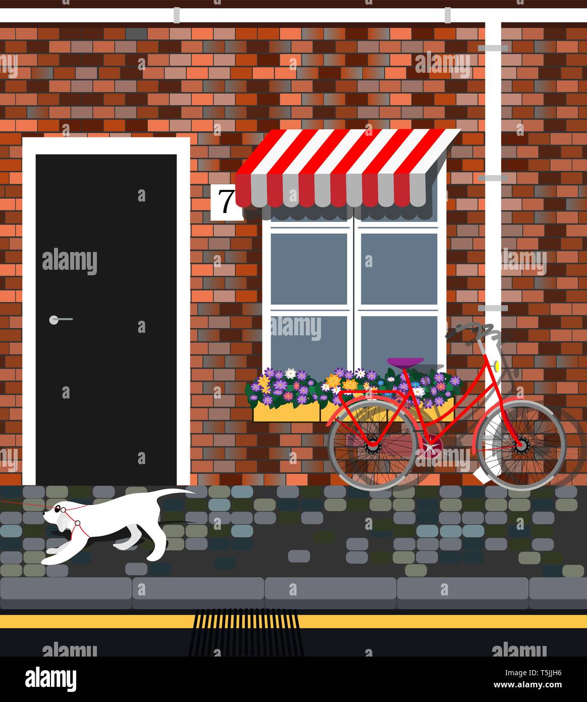 Bicicletta con fiori vicino a Provence casa di stile. Vintage facciata di edificio. Cane a camminare. Illustrazione Vettoriale