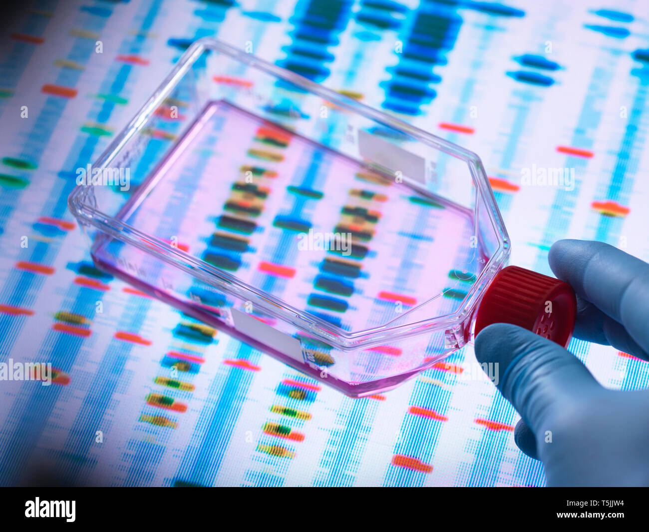 L ingegneria genetica, scienziato visualizzazione di cellule in coltura un vasetto con un DNA profili su una schermata di sfondo che illustra la modifica genetica Foto Stock