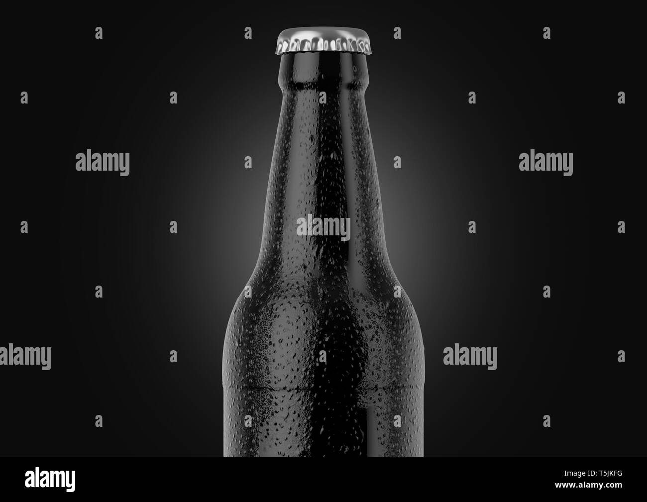 Un vetro nero bottiglia di birra coperto in acqua spritz e goccioline di condensazione su un isolato bianco di sfondo per studio - 3D render Foto Stock