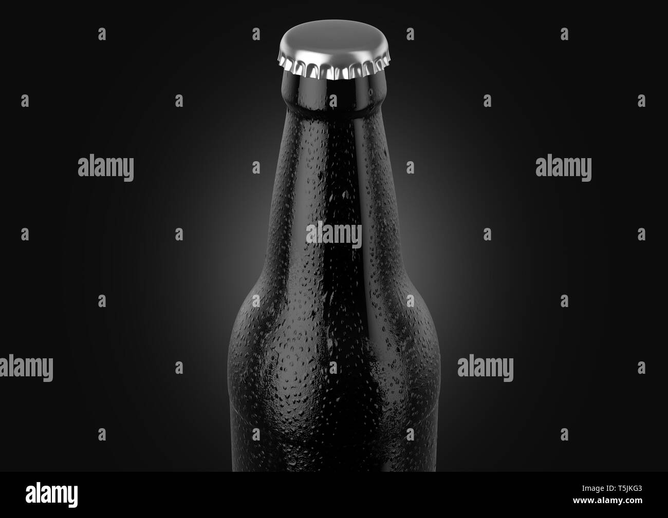 Un vetro nero bottiglia di birra coperto in acqua spritz e goccioline di condensazione su un isolato bianco di sfondo per studio - 3D render Foto Stock