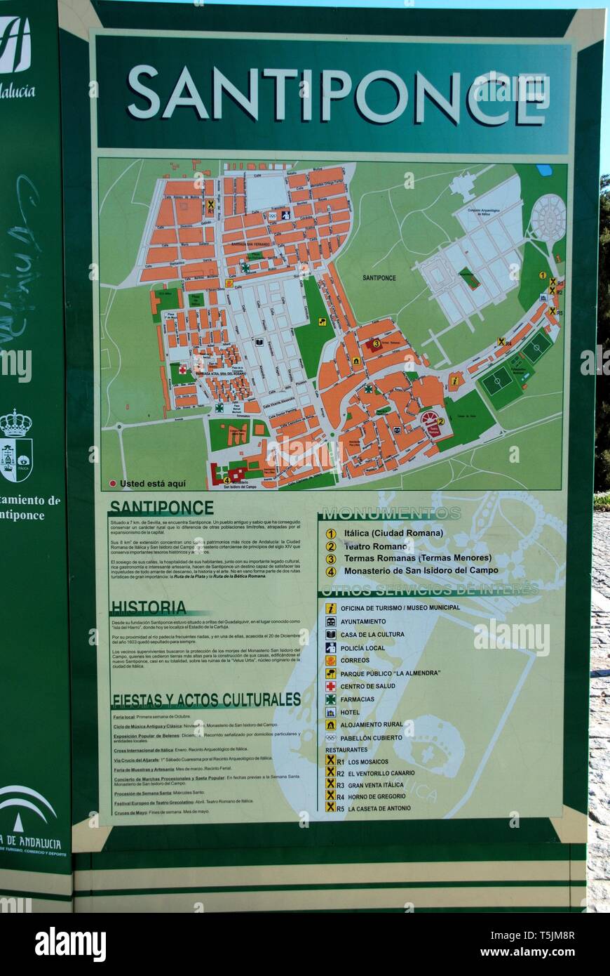 Santiponce piano urbanistico e informazioni segno, Siviglia, provincia di Siviglia, in Andalusia, Spagna, Europa. Foto Stock