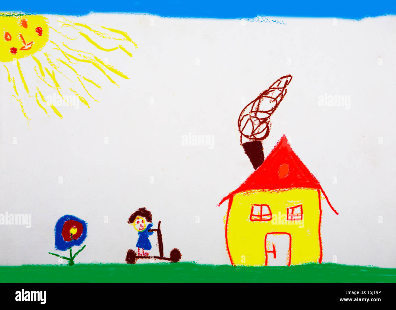 Disegno per bambini di prato con house, ragazza e fiore Foto Stock