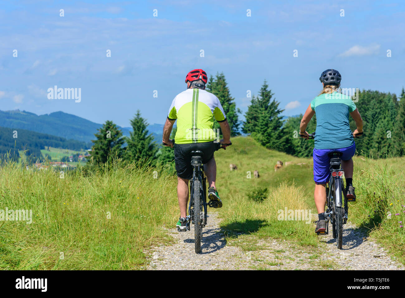 Sulla strada con pedelec nella campagna collinosa nella regione di Allgäu Foto Stock