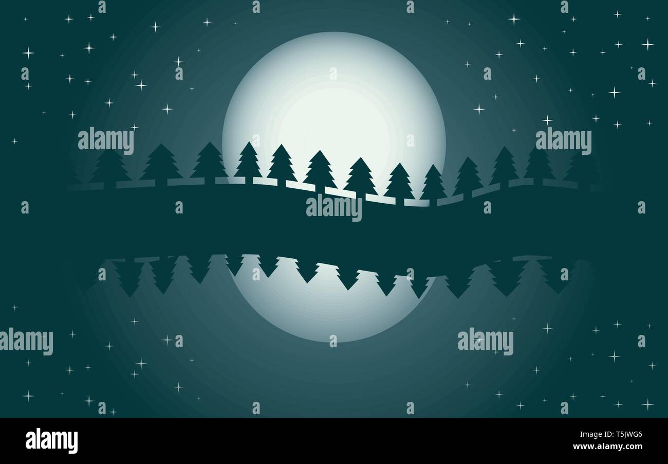 Notte Romantica a paesaggio, riflesso della luna in acqua, cielo stellato, illustrazione vettoriale Illustrazione Vettoriale