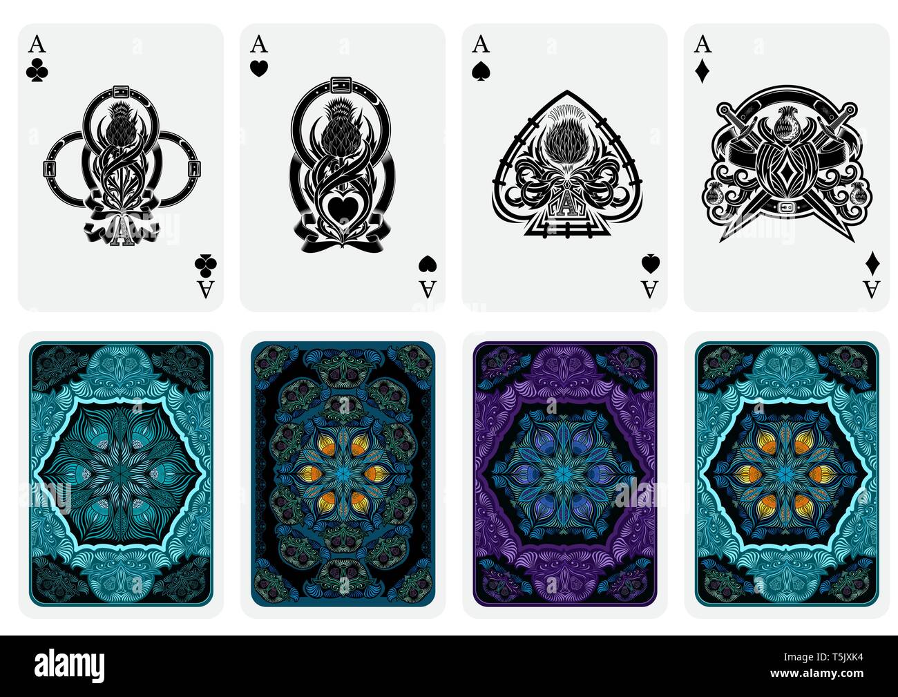 Set da quattro assi della scheda con diverse facce in Scozia con stile con il thistle pattern e quattro schienali con tute astratto Illustrazione Vettoriale