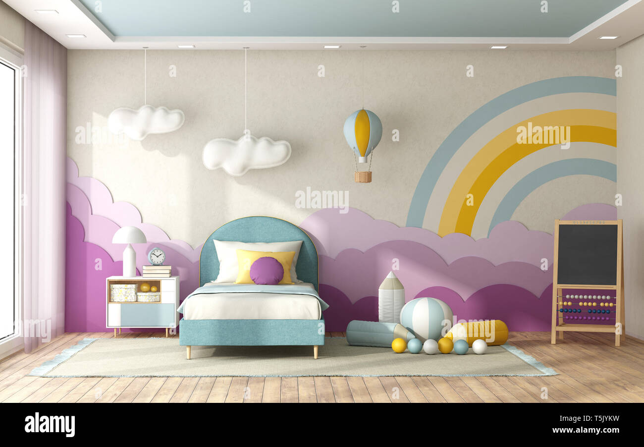 Bambino camera da letto con letto singolo e una decorazione sulla parete di sfondo in colori pastello- 3d rendering Foto Stock