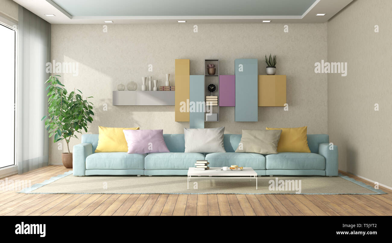 Soggiorno moderno in colori pastello con divano e libreria sullo sfondo - il rendering 3D Foto Stock