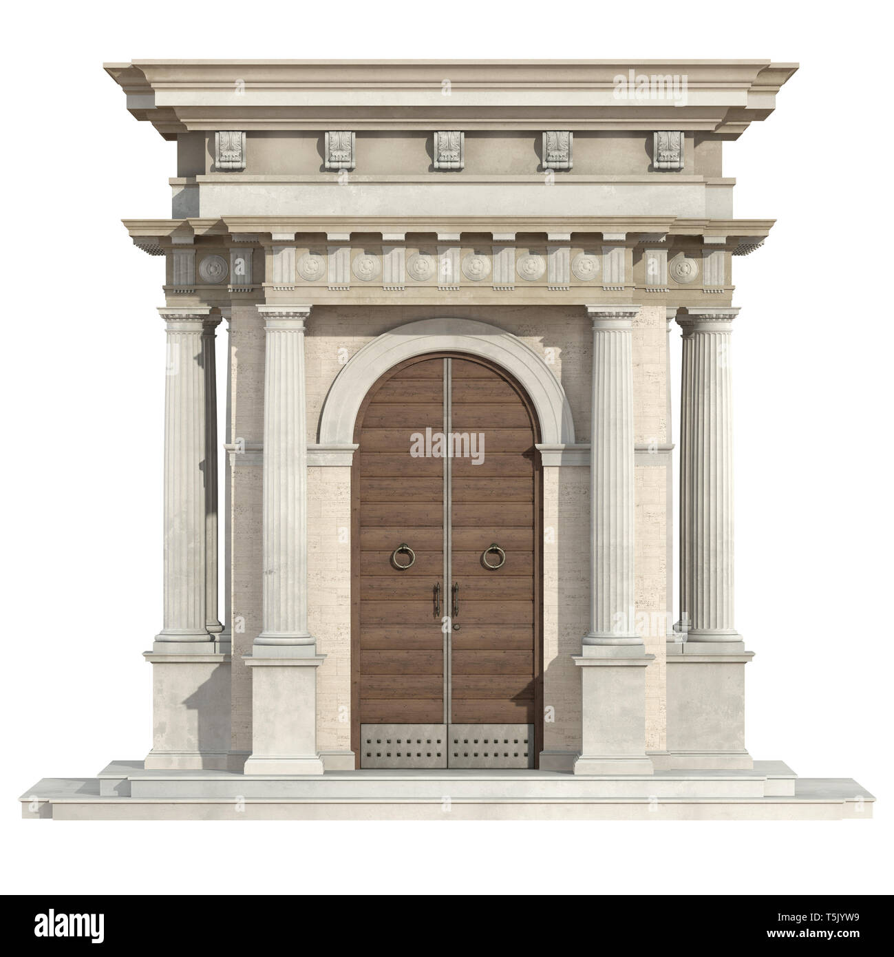 Vecchio portale in stile neoclassico con legno porta anteriore e colonne doriche isolato su bianco - 3d rendering Foto Stock