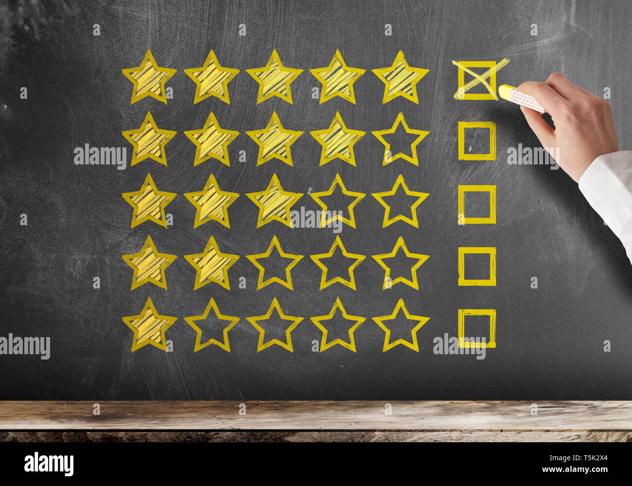 Un eccellente 5 stelle feedback del cliente o servizio client rating sulla lavagna Foto Stock