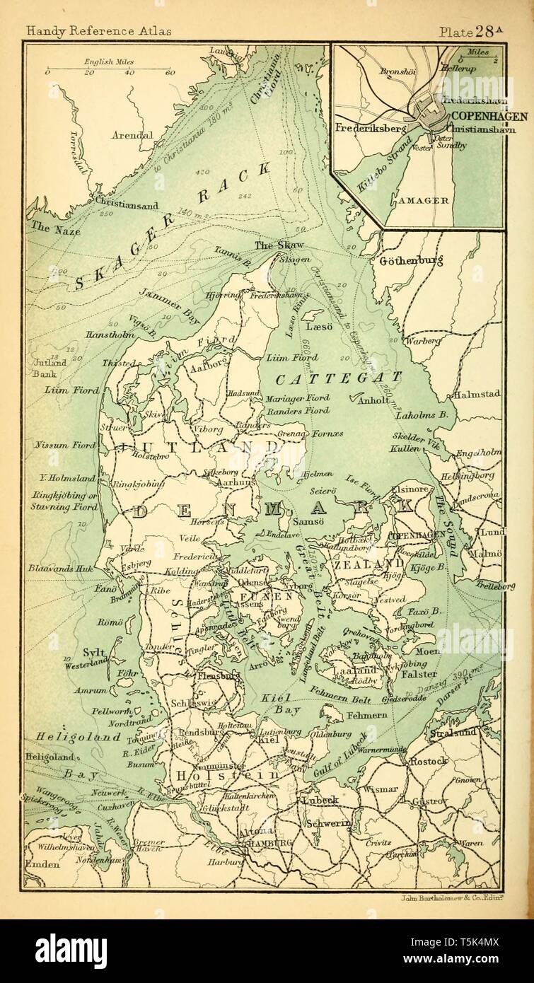 Bella vintage disegnato a mano illustrazioni Mappa di Danimarca dal vecchio libro. Può essere usato come un poster o un elemento decorativo per la progettazione di interni. Foto Stock