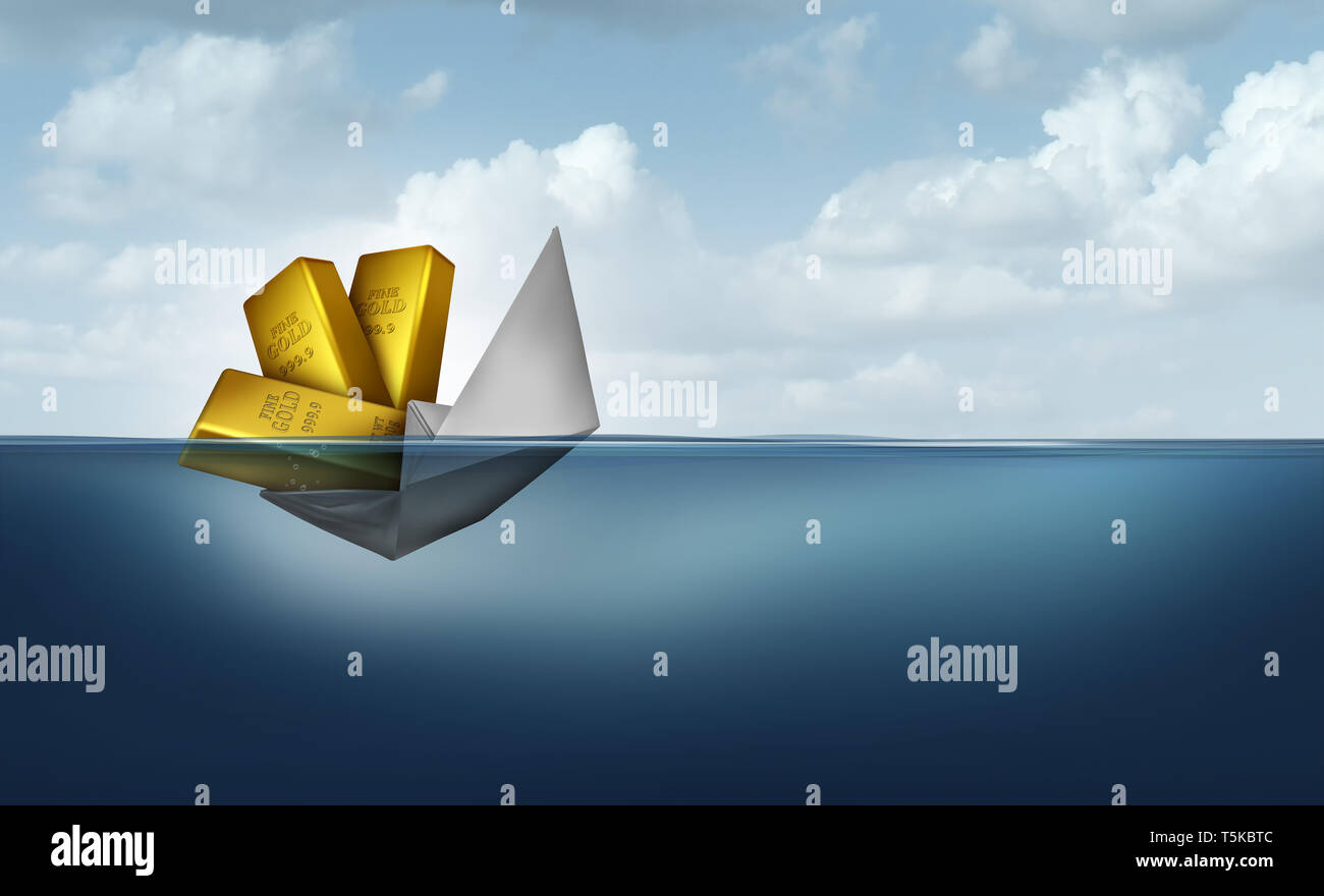 Rischio di ricchezza e di gestione finanziaria o la gestione di investimenti come una barca di carta naufragio a causa di una scarsa organizzazione finanziaria strategia. Foto Stock