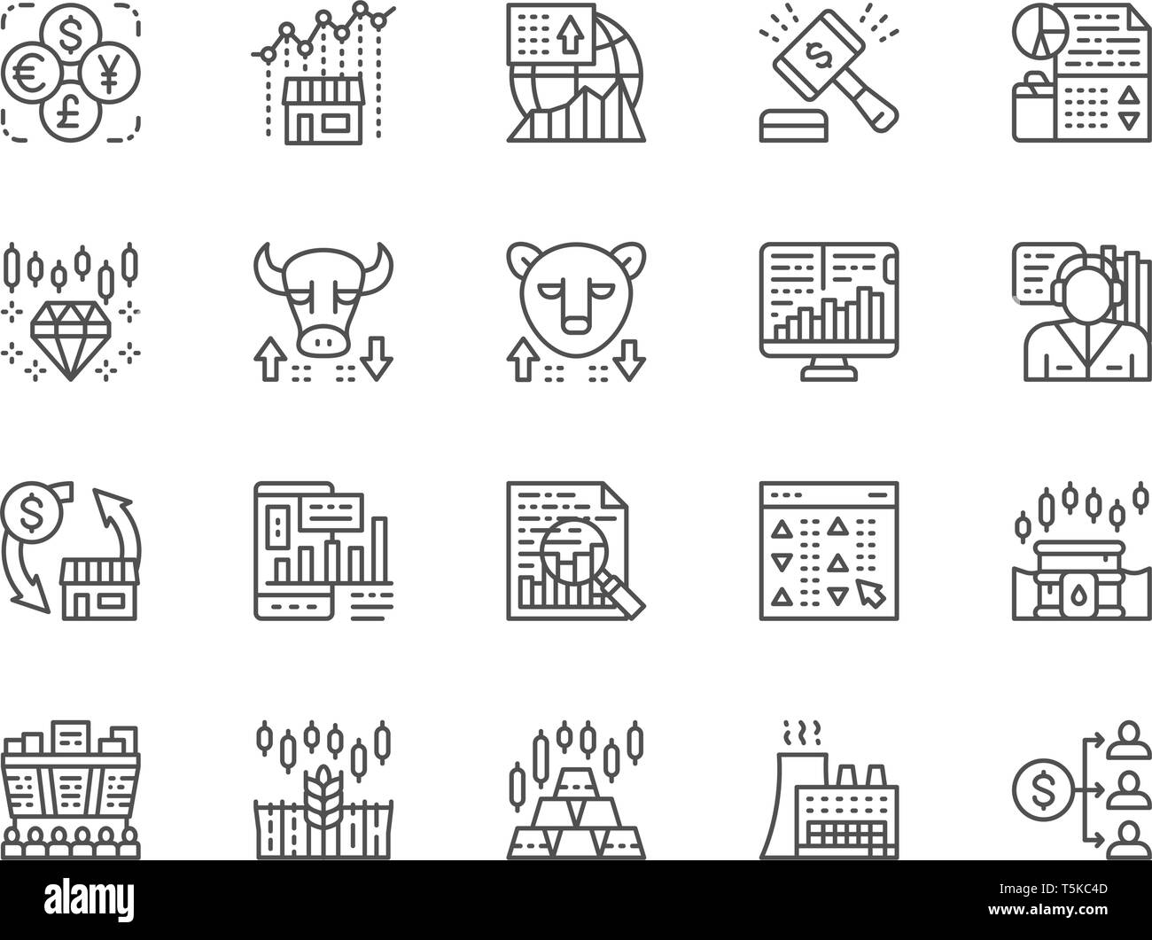 Set di mercato azionario le icone della linea. Bull e recare mercato, Trader, dividendo e di più. Illustrazione Vettoriale