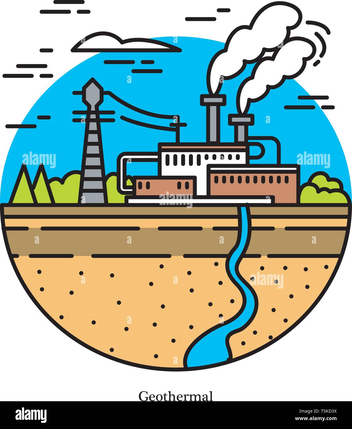 Impianto di energia geotermica. A secco e a vapore flash potente, ciclo binario stazione di generazione. Edificio industriale icona. Fonti ecologiche di elettricità Illustrazione Vettoriale