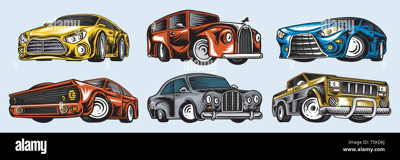 Il Muscolo auto e trasporti vintage per logo e etichette. Set di retrò della vecchia scuola di servizio automatico. Collezione di classic roadster. Incisi disegnata a mano Illustrazione Vettoriale