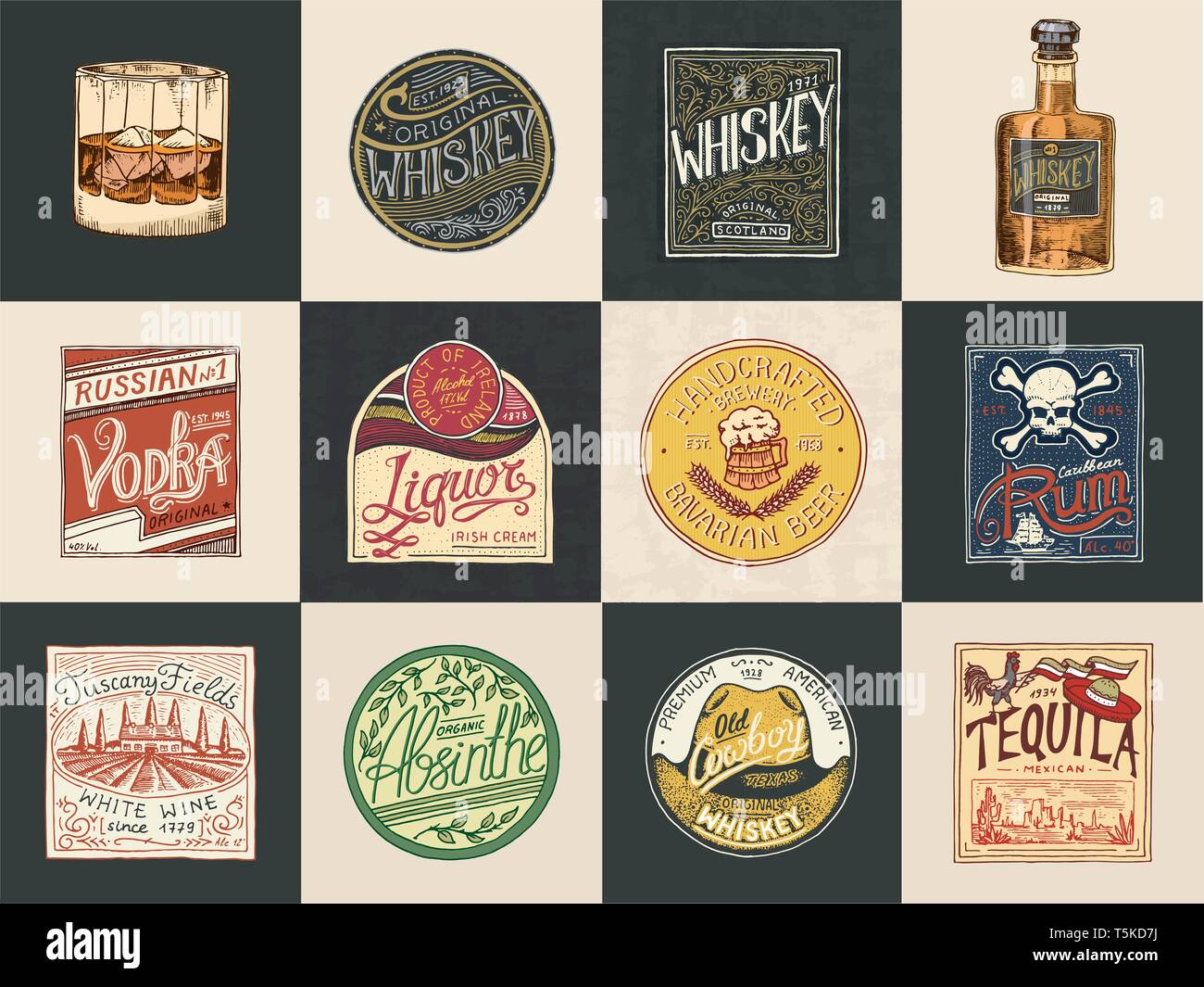 Etichette di alcol. Set di vintage americano con badge elementi calligrafico.disegnati a mano il Rum inciso Whiskey birra. Illustrazione Vettoriale
