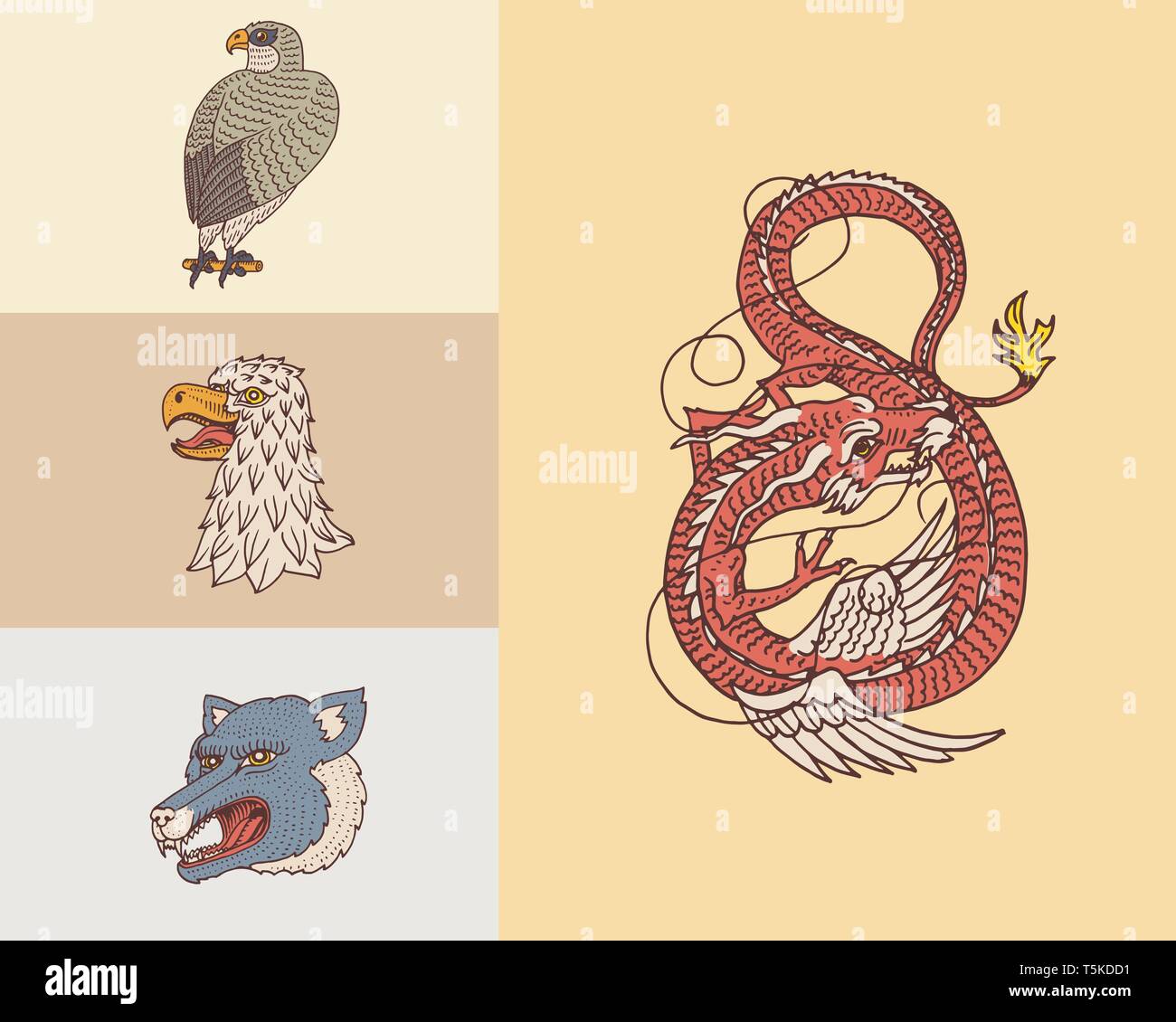 Vintage teste di animali. Logo per t-shirt. Wild dragone cinese, panther,Falcon. La traduzione del nome giapponese del drago mitologico. Disegnata a mano Illustrazione Vettoriale