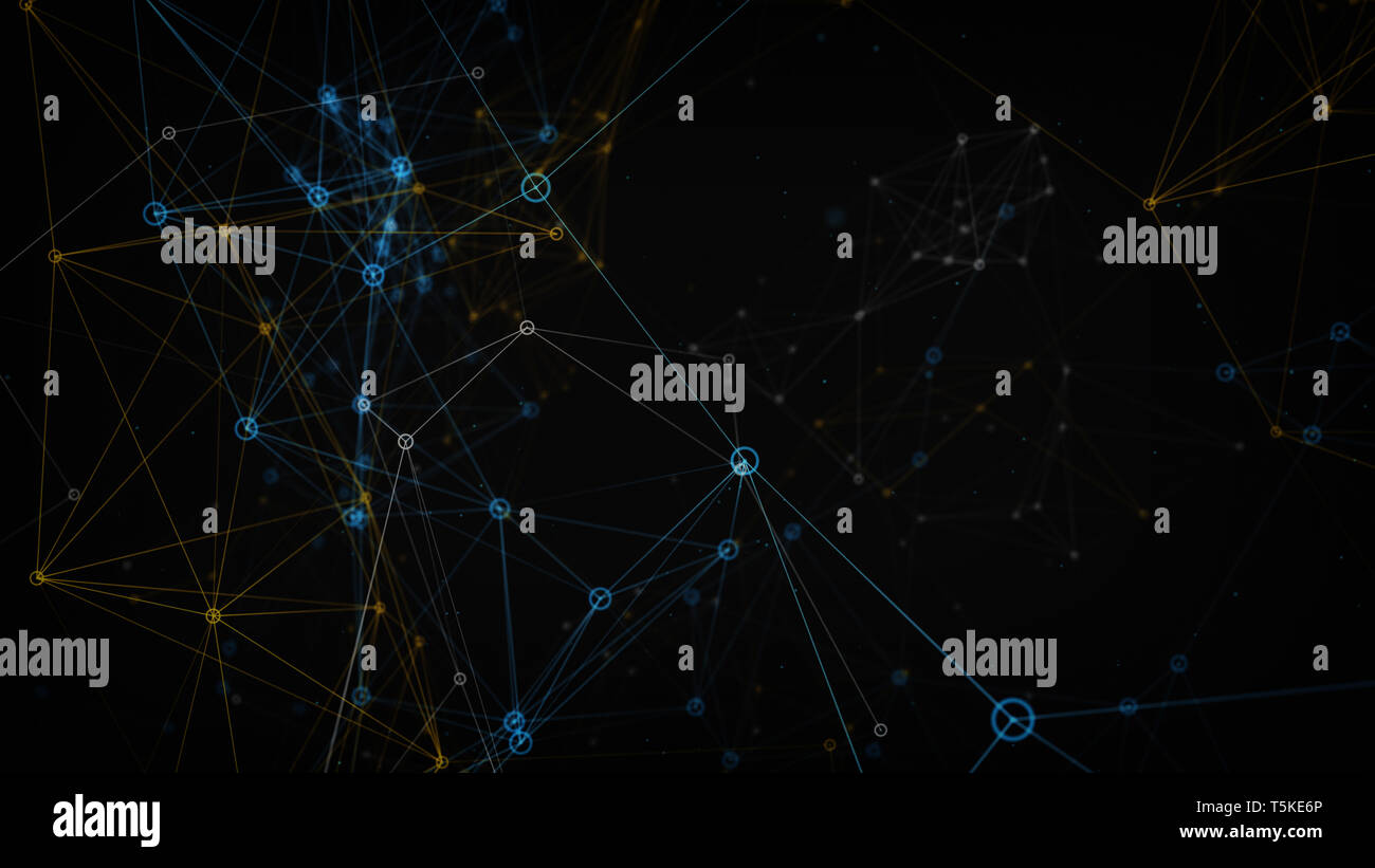 Rete colorata 3d'illustrazione, blu e giallo arancione linee e punti collegati Foto Stock