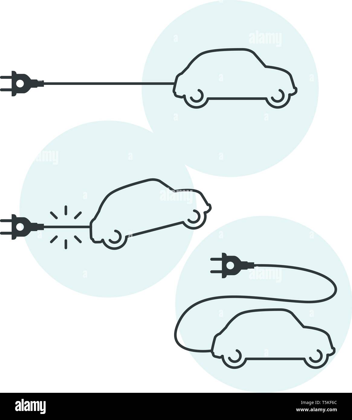 Sottile linea elettrica icona auto con cavo e spina elettrica dipendenza automatica Illustrazione Vettoriale
