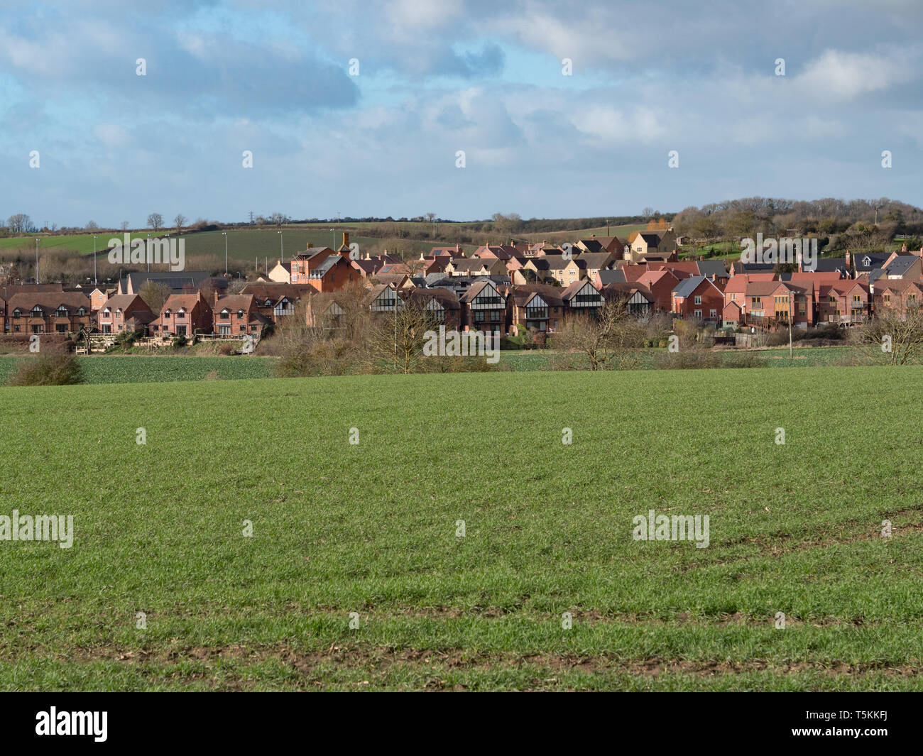 Visualizzare attraverso i campi verso Shipston on Stour, Warwickshire, Inghilterra, Regno Unito. Foto Stock
