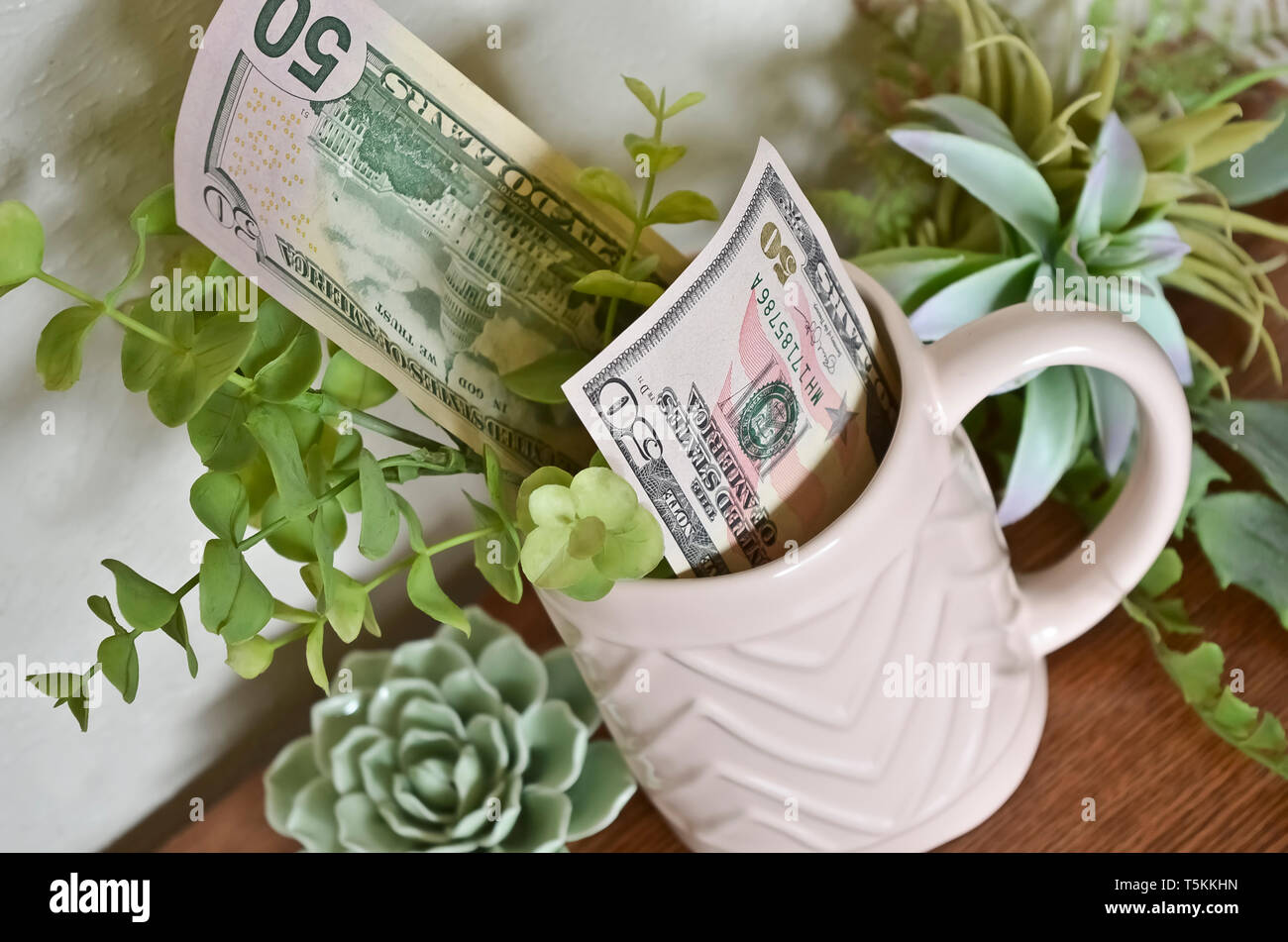 Il denaro in rosa Mug con piante succulente Foto Stock