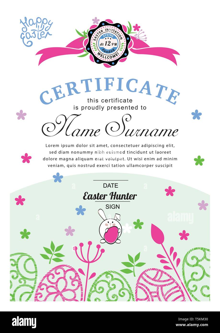 Pasqua bianco blu certificato con bunny e multicolori uova ornamentali. Colori pastello Illustrazione Vettoriale
