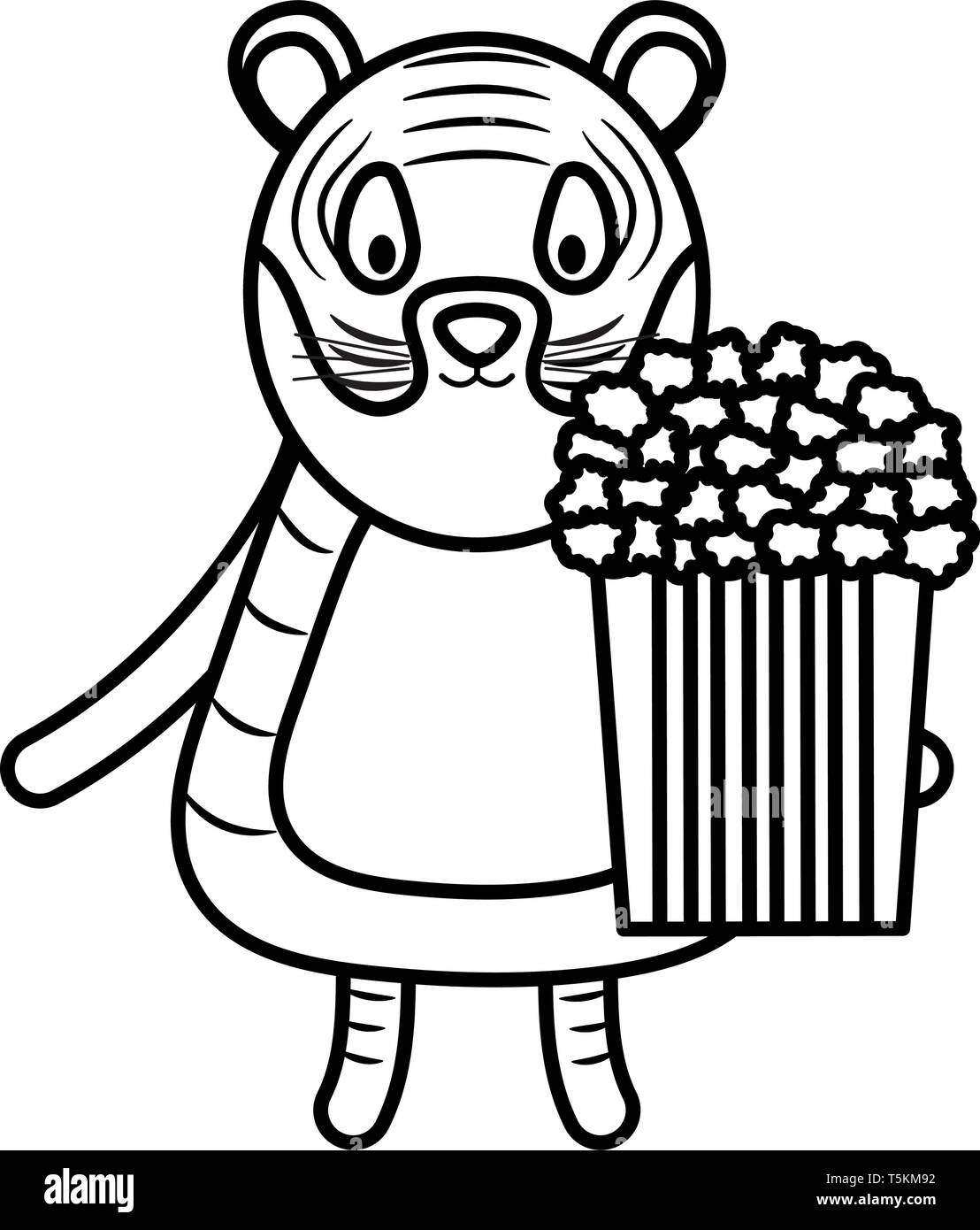 Carino tiger con i pop corn carattere infantile illustrazione vettoriale design Illustrazione Vettoriale