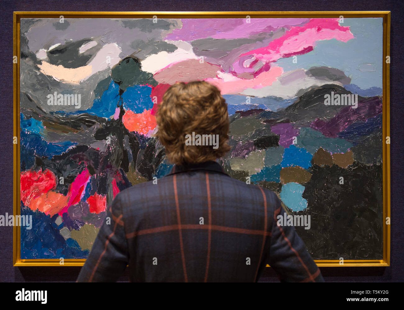 Londra, Regno Unito. Xxv Aprile, 2019. Bonhams moderno e contemporaneo del Medio Oriente vendita arte anteprima in New Bond Street. Immagine: Giuseppe Faloughi (Libano). Echos du mouvement, 2008. Stima £ 12,000-18,000. Credito: Malcolm Park/Alamy Live News. Foto Stock