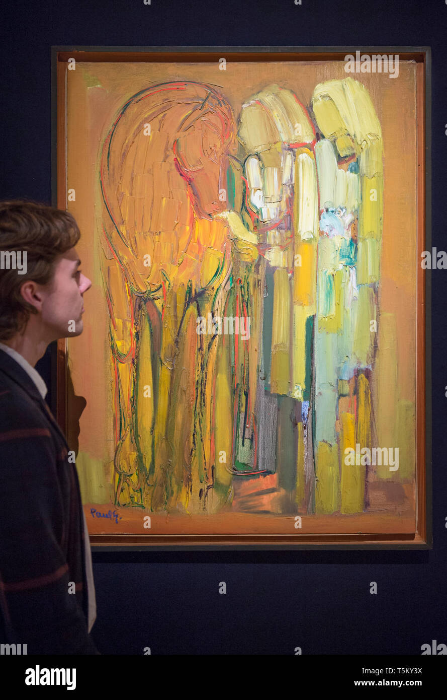 Londra, Regno Unito. Xxv Aprile, 2019. Bonhams moderno e contemporaneo del Medio Oriente vendita arte anteprima in New Bond Street. Immagine: Paolo Guiragossian (Libano). Passeggeri, 1968. Stima £ 30,000-50,000. Credito: Malcolm Park/Alamy Live News. Foto Stock