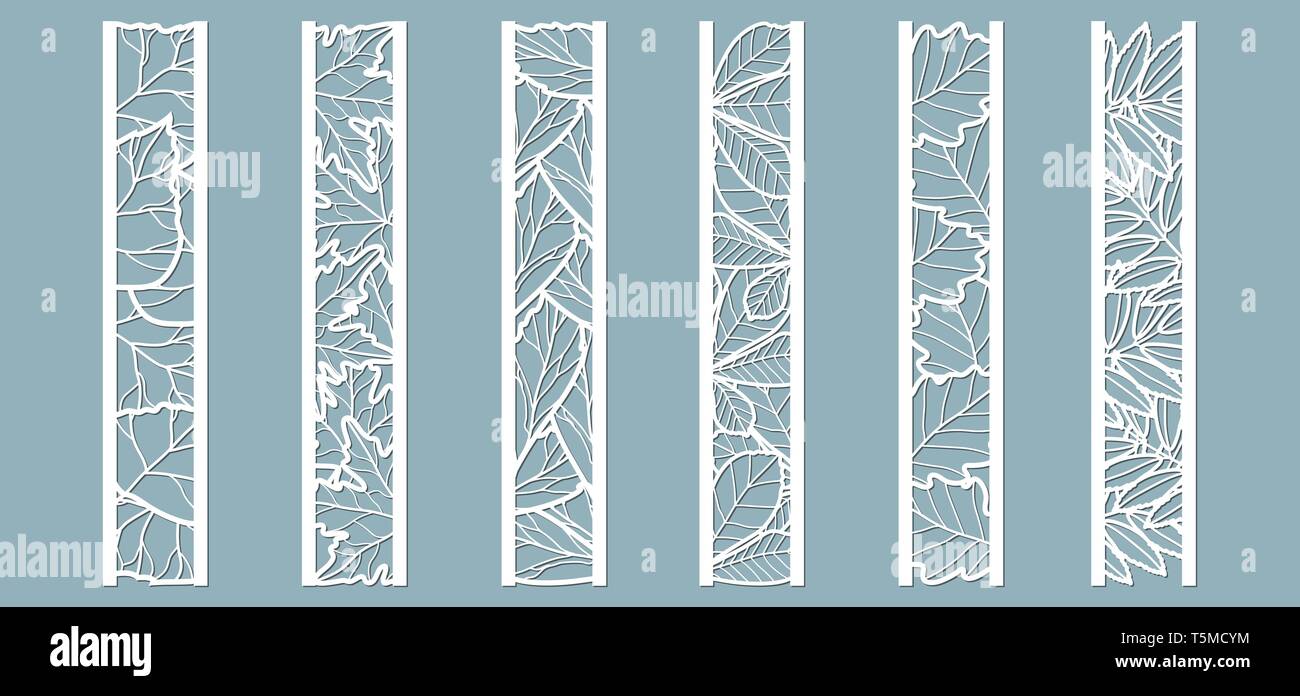 Pannelli con foglie pattern. Foglie di quercia, acero, Rowan, castagno, betulla, ceneri. Taglio Laser. Set di segnalibri modelli. Immagine per il taglio laser o plotter Illustrazione Vettoriale