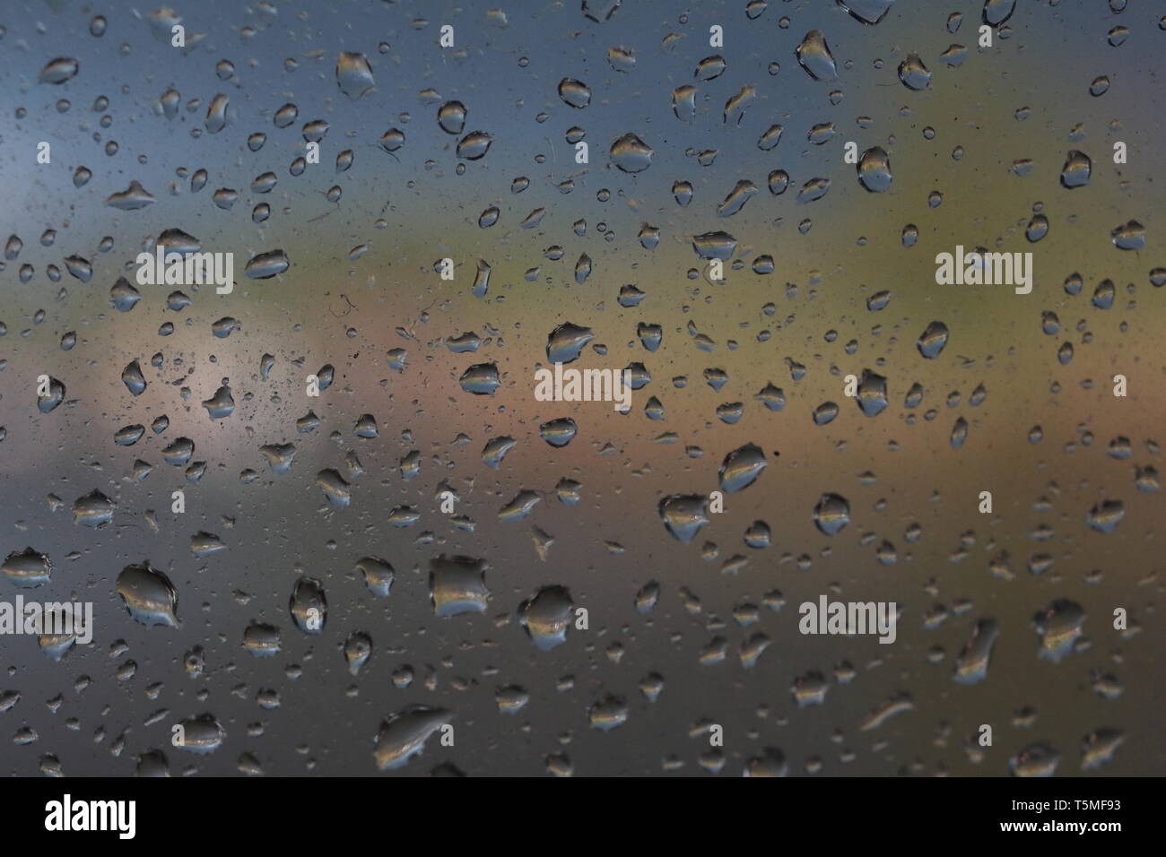 Mettere a fuoco sulla pioggia su una finestra con colore sfocato sfondo delle riflessioni oltre a formare un effetto bokeh Foto Stock