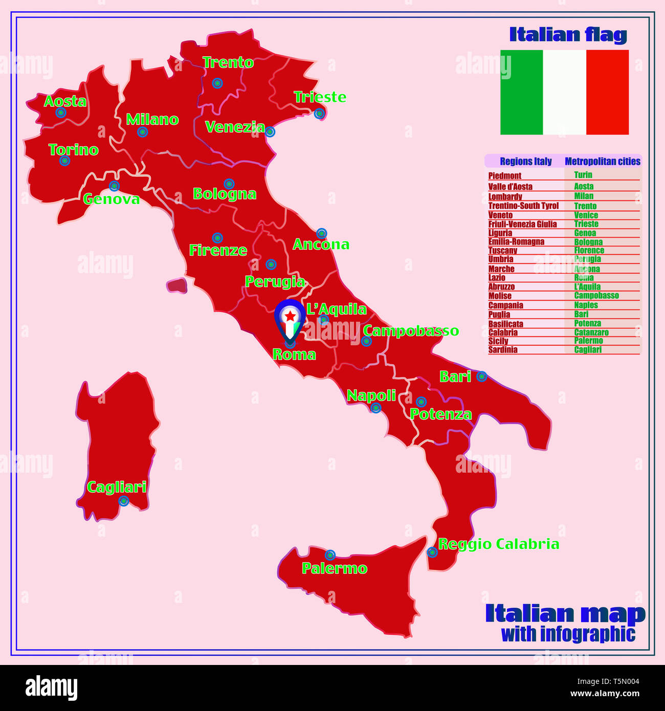 Mappa di Italia con una infografica. Illustrazione Italiana con una infografica. Italia mappa italiana con le principali città e regioni. Foto Stock